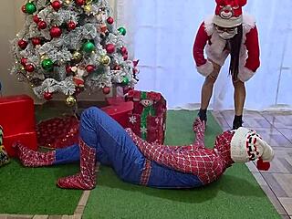 Delicious Squirt Fest: Two Beautiful Stepsisters Fuck Spider-Man at Christmas