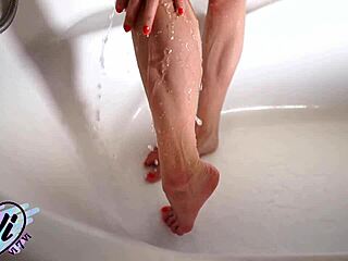 teen rubs tattooed pussy under bathroom running water