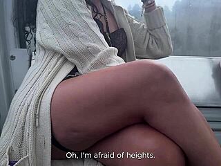 Natural-Titted Slut's Steamy Cable Car Deepthroat Blowjob Ride
