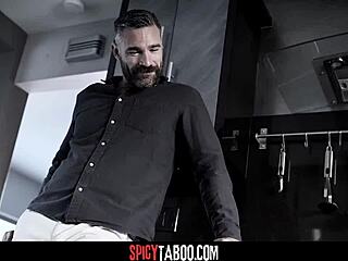 pervy boss bends over busty italian maid for deep pussy pounding and licks