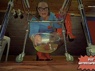 Ebony dominatrix mistress April unleashes fresh warm pee on homemade outdoor toilet slave in electro bdsm massage