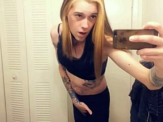 Adorable yoga slut tranny in tight leggings rubs her clit till she cums hard.