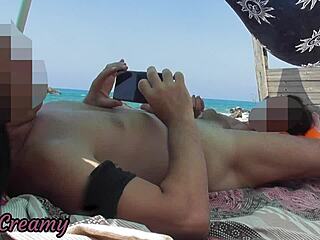 exhibitionist milf wife handjobs huge cock on nude beach for voyeurs cumshot public amateur french style misscreamy