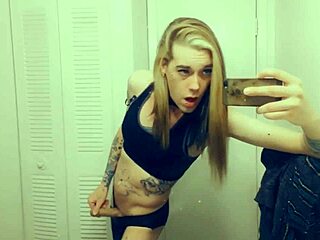 Adorable yoga slut tranny in tight leggings rubs her clit till she cums hard.