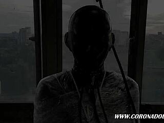 Bound asian babe mummified in tight 1mm latex rubber catsuit outdoors