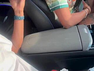 Ebony pornstar strokes big black cock handjob in public car blowjob.