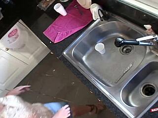 blonde slut gets horny watching handyman fix pool