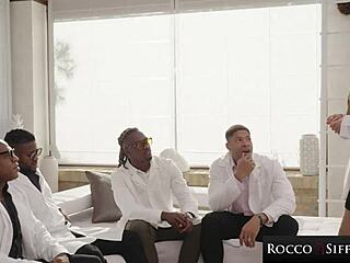 Rocco's Fake-Titted Bitch Handles Four Cocks Clinic Gangbang