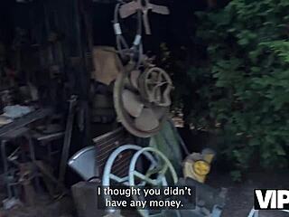 Vip4k. Debtor in leather lingerie squirts from outdoor garden fuck with long hair beauty.