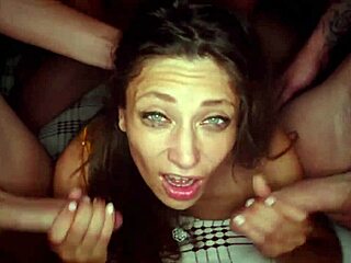 Gangbang punishes petite tattooed slut with double penetration, choking and monster cocks she can't handle.