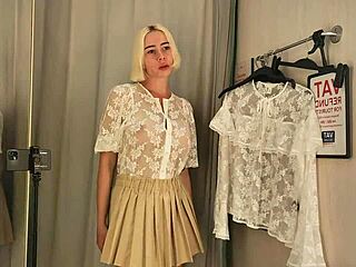 Sexy see-through try-on haul flashes tits at mall publicly