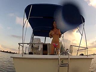 naughty girl flashes big boobs and tits on public boat ride