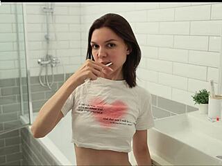 Shaved Brunette Fingers Wet Pussy In Steamy Shower!