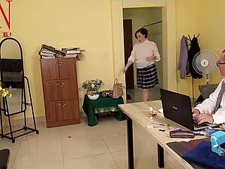 Regina Noir flashes tight pussy and farts during office yoga striptease scene one
