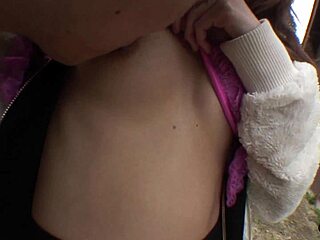 cute asian redhead fingered outdoors hairy pussy then sucks cock creamed