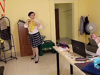 Regina Noir flashes tight pussy and farts during office yoga striptease scene one