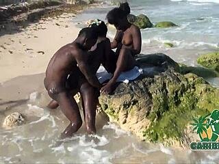 Caribbean Chocolate Ebony Threesome Beach Blowjob Action!
