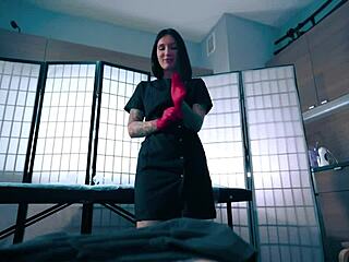 sexy latex nurse gloves help patient pump out semen sample