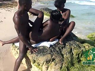 Caribbean Chocolate Ebony Threesome Beach Blowjob Action!