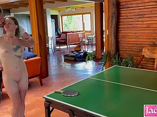Naked ping pong dare with daddy! Rough outdoor fuck and cumshot explosion