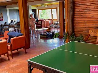 Naked ping pong dare with daddy! Rough outdoor fuck and cumshot explosion