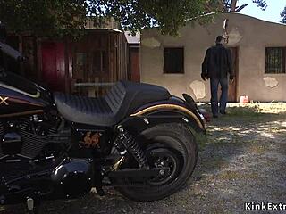 biker frees chained blonde slave for rough bdsm fuck