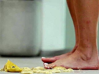 petite brunette crushes fruits barefoot and in high heels 4k fetish