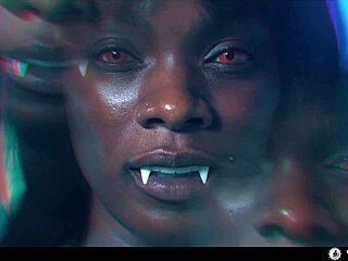 Ebon vampire master mesmerizes blonde teen slaves in Halloween lezdom threesome.