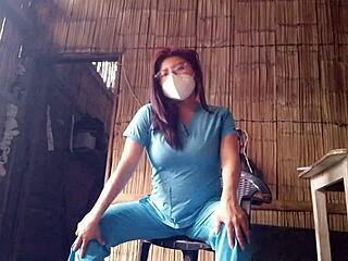 Real nurse home from hospital masturbates horny pussy craving