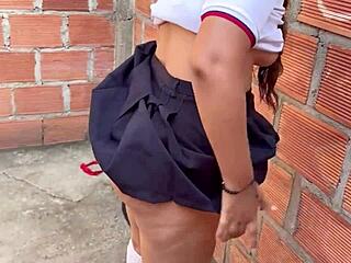 Horny student slut bent over alley wall for standing rough fuck after school