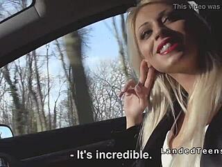 😍 blonde teen hitchhiker with red lips sucks huge cock in car pov outdoor! 🚗💦