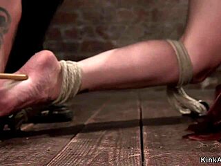 Bound busty milf gags on deepthroat while hogtied and caned hard
