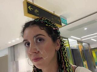 crazy teen flashes mall then public toilet blowjob cumwalk facial