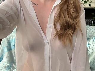 blonde nerd wakes up riding dildo on big natural tits