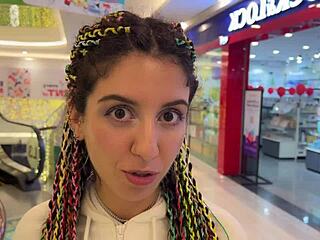crazy teen flashes mall then public toilet blowjob cumwalk facial