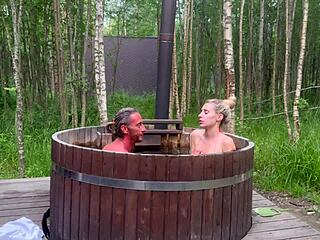 😍 cute blonde sucks big cock in outdoor hot bath! 💦