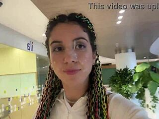 crazy teen flashes mall then public toilet blowjob cumwalk facial