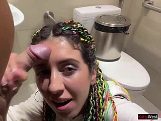 crazy teen flashes mall then public toilet blowjob cumwalk facial
