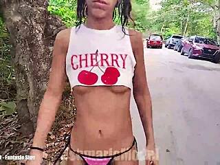 latina bunny flashes her hairy pussy in public miniskirt