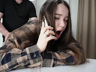 Stepsister takes my cock deep while chatting on phone during rough doggystyle