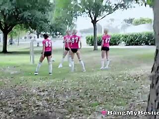 hot soccer babes share monster cocks in wild bestie foursome!