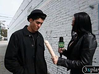 Blindfolded guy rams dildo deep into brunette's wet twat