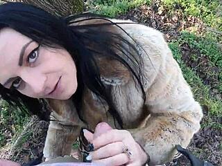 cheating wife fur-coat shops with husband's friend and sucks cock outdoors