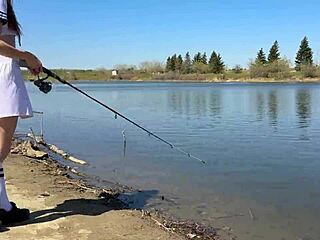 Young angler girl went to fish after school