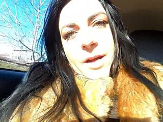 cheating wife fur-coat shops with husband's friend and sucks cock outdoors