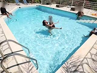 Public pool orgy cumshots