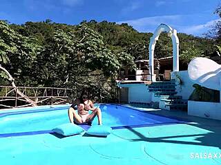 tattooed latina bends over poolside for big cock pounding