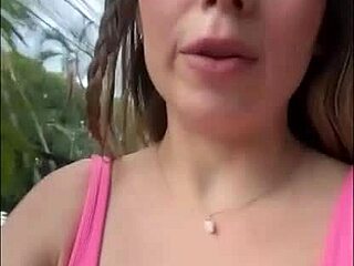 Naughty latinas flash then lick wet pussies in public threesome