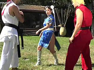 JADE KUSH AS CHUN-LI FIGHTS TWO COCKS IN STREET FIGHTER COSPLAY BLOWBANG!