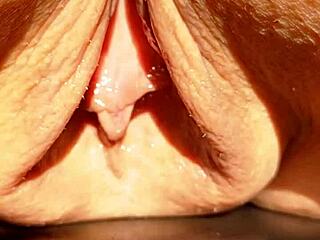 maturemom flashes her huge soaking wet meaty pussy lips in slow motion